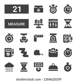 measure icon set. Collection of 21 filled measure icons included Stopwatch, Gym, Thermometer, Hourglass, Rain, Chronometer, Weight, Measuring tape, Voltmeter, Scale, Ruler, Sand clock