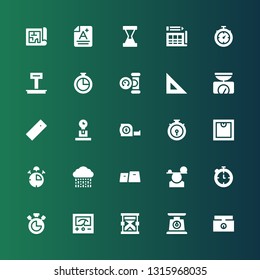 measure icon set. Collection of 25 filled measure icons included Weighing scale, Scale, Hourglass, Voltmeter, Chronometer, Balance, Gym, Rain, Stop watch, Measuring tape, Weight