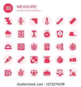 measure icon set. Collection of 30 filled measure icons included Measuring tape, Watches, Caulk gun, Thermometer, Rain, Hourglass, Text width, Weight, Stopwatch, Protractor, Voltmeter