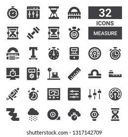 measure icon set. Collection of 32 filled measure icons included Sandclock, Watch, Chronometer, Measuring tape, Rain, Thermometer, Levels, Voltmeter, Stop watch, Caulk gun, Meter