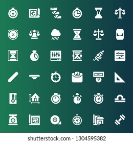 measure icon set. Collection of 36 filled measure icons included Gym, Blueprint, Stopclock, Measuring tape, Scale, Libra, Chronometer, Stop watch, Dimension, Thermometer, Ruler