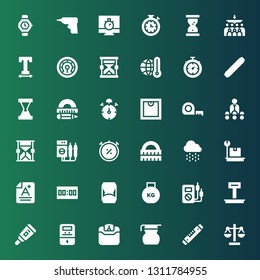 measure icon set. Collection of 36 filled measure icons included Scale, Level, Measuring glass, Weight, Voltmeter, Thermometer, Hourglass, Score, Rain, Ruler, Chronometer, Trainer