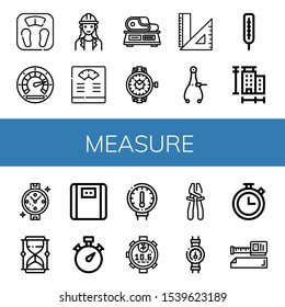 measure icon set. Collection of Bathroom scale, Speedometer, Architect, Scale, Watch, Rulers, Caliper, Thermometer, Measure, Hourglass, Stopwatch, Gauge, Plier, Chronometer icons