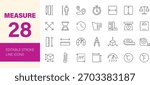 Measure icon set. Containing scale, ruler, size, length, width, height, distance, dimension, temperature, gauge, speed, time, weight and more. Editable line icons. Vector illustration.