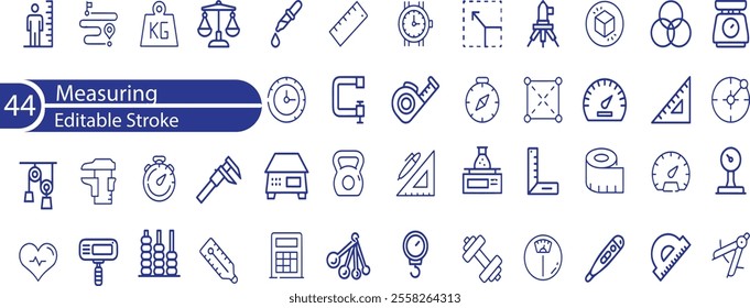 Measure icon set. Containing scale, ruler, size, dimension, temperature and gauge icons