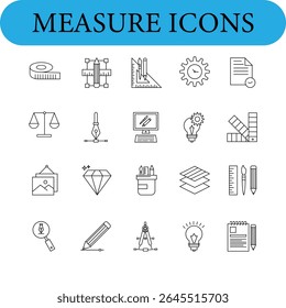 Conjunto de ícones de medida. Contendo escala, régua, tamanho, comprimento, largura, altura, distância, medidor, velocidade, tempo, peso e muito mais.
