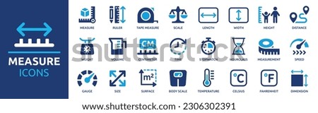 Measure icon set. Containing scale, ruler, size, dimension, temperature and gauge icons. Solid icon collection. Vector illustration.