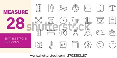 Measure icon set. Containing scale, ruler, size, length, width, height, distance, dimension, temperature, gauge, speed, time, weight and more. Editable line icons. Vector illustration.