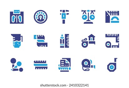 Conjunto de iconos de medida. Color de duotona. Ilustración vectorial. Conteniendo cinta dosificadora, vaso dosificador, herramienta de medida, vaso medidor, diseño, haz de balance, velocímetro, escala de pesaje, regla, pinza de freno, documento