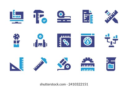 Measure icon set. Duotone color. Vector illustration. Containing measurement, measure, tape, speed test, caliper, thermometer, scale, rulers, protractor, ruler, beaker, pencil.