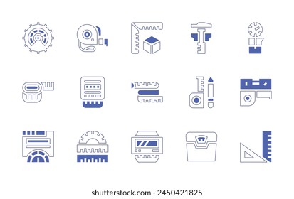 Measure icon set. Duotone style line stroke and bold. Vector illustration. Containing ruler, measuring tape, electric meter, measure tape, weight, productivity, thermometer, caliper, tape, protractor.