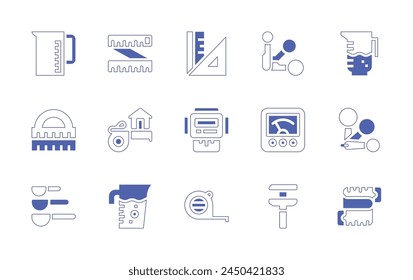 Measure icon set. Duotone style line stroke and bold. Vector illustration. Containing measuring tape, electric meter, jug, spoons, measure tape, cup, measuring jar.