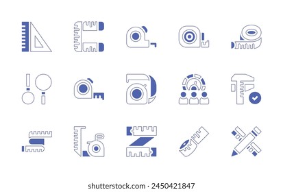 Measure icon set. Duotone style line stroke and bold. Vector illustration. Containing pencil, tape measure, measure tape, rulers, meter, measuring tape, measure, measuring cups.