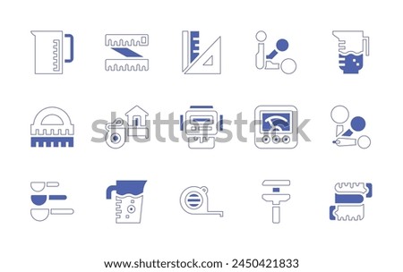 Measure icon set. Duotone style line stroke and bold. Vector illustration. Containing measuring tape, electric meter, jug, spoons, measure tape, cup, measuring jar.