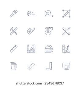 Measure icon set. Thin line icon. Editable stroke. Containing caliper, measuring tape, size, hammer, tools, measure tape, measuring, protractor, measuring jug, ruler, water.