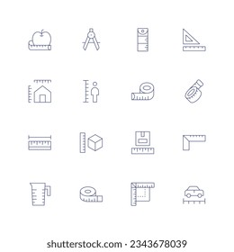 Conjunto de iconos de medida. Icono de línea delgada. Trazo editable. Conteniendo manzana, brújula, cinta dosificadora, reglas, dimensiones, altura, medida de cinta, longitud, medida, tamaño de parcela, regla, vaso medidor, tamaño.