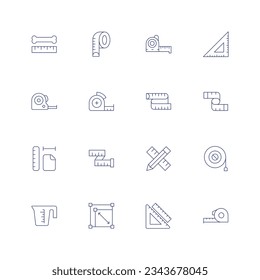 Measure icon set. Thin line icon. Editable stroke. Containing bone, measuring tape, set square, flexometer, tape measure, measure, pencil, ruler, measuring jar, rescale.