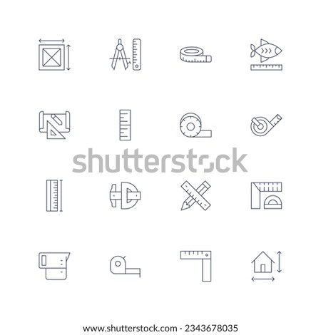 Measure icon set. Thin line icon. Editable stroke. Containing area, compass, measuring tape, scale, drawing, height, tape measure, length, measurement, pencil, ruler, measuring cup, size.