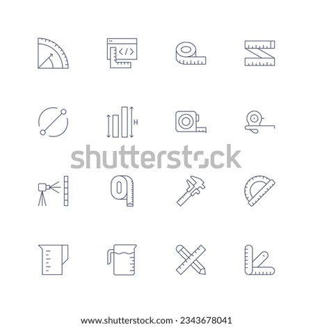 Measure icon set. Thin line icon. Editable stroke. Containing angle, coding, measuring tape, diameter, height, laser level, measure tape, micrometer, protractor, measuring cup, measuring jug.