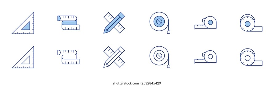 Icono de medida establecido en dos estilos, Duotone y estilo de línea fina. Regla, cuadrado, cinta métrica, cinta métrica, lápiz.