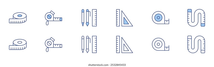 Maßsymbol in zwei Stilen, Duotone und Thin Line Stil. Bearbeitbarer Strich. Lineale, Maßband, Maßband, Schrift.