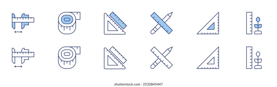 Measure icon set in two styles, Duotone and Thin Line style. Editable stroke. measure, tools, measuring tape, ruler, growth.