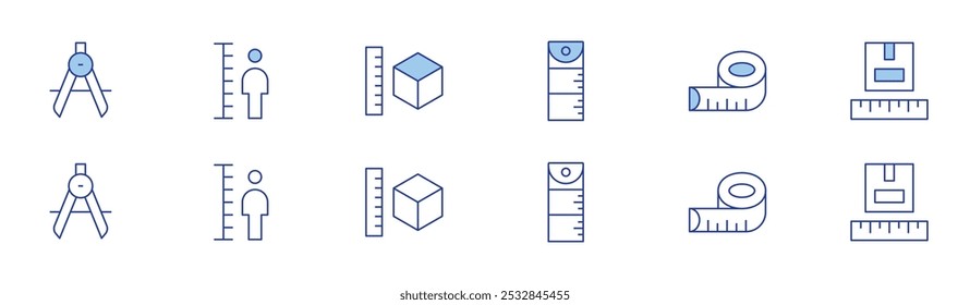 Measure icon set in two styles, Duotone and Thin Line style. Editable stroke. compass, height, measure, measuring tape, parcel size.