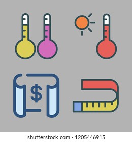 measure icon set. vector set about blueprint, thermometers, temperature and measuring tape icons set.