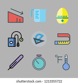 measure icon set. vector set about protractor, measuring cup, loss and stopwatch icons set.