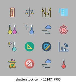 measure icon set. vector set about measuring cup, set square, thermometers and temperature icons set.