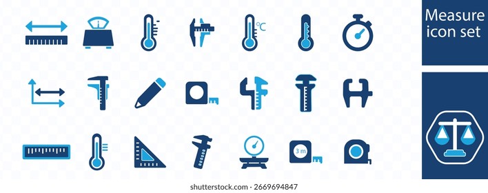 Conjunto de iconos de medida. Escala, Regla, tamaño, dimensión, temperatura e iconos de medidor. Colección de iconos sólidos. Ilustración vectorial.