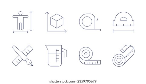 Measure icons. editable stroke. Containing body measure, edit tool, cube, jug, set square, tape measure, measuring tape.