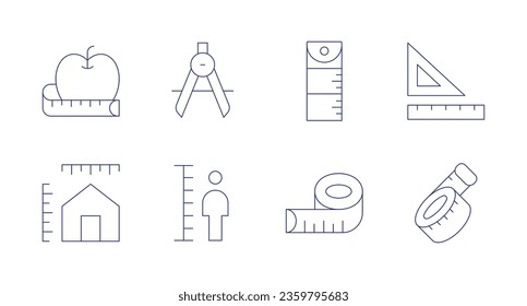 Medir iconos. trazo editable. Conteniendo manzana, dimensiones, brújula, altura, reglas, medida de cinta, cinta de medida.