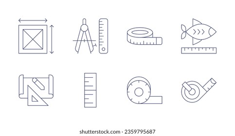 Measure icons. editable stroke. Containing area, drawing, compass, height, scale, tape measure, measuring tape.