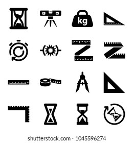 Measure icons. set of 16 editable filled measure icons such as ruler, level ruler, compass, measure ruler, pressure, weight, hourglass, stopwatch