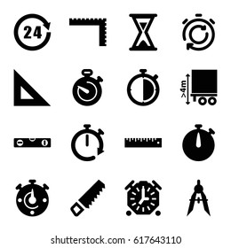 Measure icons set. set of 16 measure filled icons such as ruler, saw, level ruler, compass, cargo height, stopwatch, 24 hours