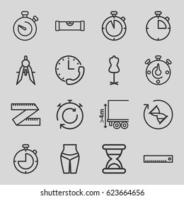 Measure icons set. set of 16 measure outline icons such as level ruler, mannequin, compass, cargo height, stopwatch, hourglass, ruler, waist fitness
