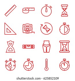Measure icons set. set of 16 measure outline icons such as ruler, measure tape, level ruler, hourglass, thermometer, stopwatch, measuring tape