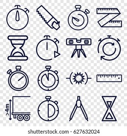 Measure icons set. set of 16 measure outline icons such as saw, level ruler, cargo height, ruler, stopwatch, hourglass, compass, pressure