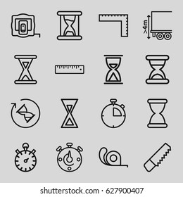 Measure icons set. set of 16 measure outline icons such as measure tape, ruler, saw, tape, cargo height, hourglass