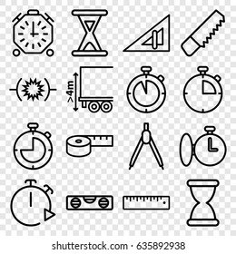 Measure icons set. set of 16 measure outline icons such as triangle ruler, saw, level ruler, cargo height, ruler, hourglass, stopwatch, compass, pressure