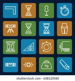 Measure icons set. set of 16 measure outline icons such as triangle ruler, ruler, mannequin, level ruler, saw, cargo height, weight, hourglass, stopwatch, pressure