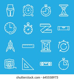 Measure icons set. set of 16 measure outline icons such as compass, level ruler, ruler, hourglass, stopwatch