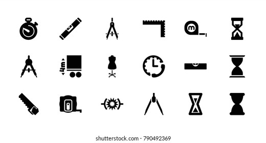 Measure icons. set of 18 editable filled measure icons: compass, measure tape, ruler, pressure, stopwatch, hourglass, level ruler, mannequin, saw, tape