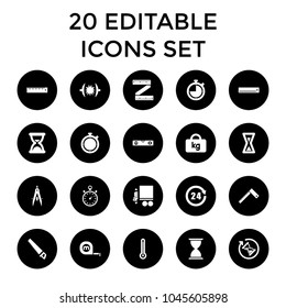 Measure icons. set of 20 editable filled measure icons such as level ruler, ruler, 24 hours, stopwatch, thermometer, hourglass. best quality measure elements in trendy style.