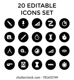 Measure icons. set of 20 editable filled measure icons such as ruler, triangle ruler, stopwatch, hourglass, measuring tape. best quality measure elements in trendy style.