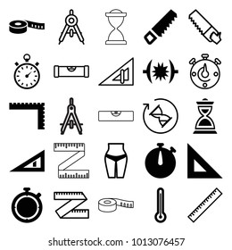 Measure icons. set of 25 editable filled and outline measure icons such as ruler, saw, waist fitness, hourglass, stopwatch, thermometer, compass, triangle ruler