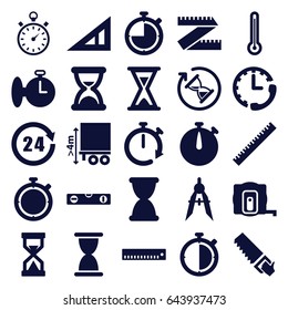 Measure icons set. set of 25 measure filled icons such as ruler, triangle ruler, saw, compass, cargo height, 24 hours, stopwatch, hourglass