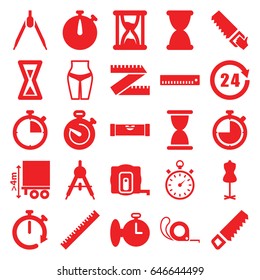 Measure icons set. set of 25 measure filled icons such as compass, ruler, level ruler, mannequin, saw, tape, cargo height, stopwatch, 24 hours, hourglass