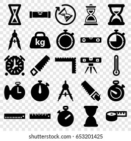 Measure icons set. set of 25 measure filled icons such as compass, level ruler, ruler, saw, weight, hourglass, stopwatch, thermometer